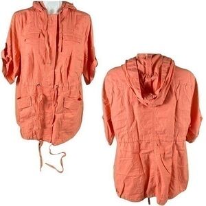 Torrid Orange Peach Linen Hooded Anorak Short Tab Sleeves Light Jacket 0X E23